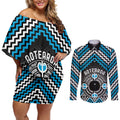 Personalised Aotearoa Niho Taniwha Motif Couples Matching Off Shoulder Short Dress and Long Sleeve Button Shirt Blue Style