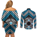Personalised Aotearoa Niho Taniwha Motif Couples Matching Off Shoulder Short Dress and Long Sleeve Button Shirt Blue Style