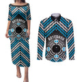 Personalised Aotearoa Niho Taniwha Motif Couples Matching Puletasi and Long Sleeve Button Shirt Blue Style