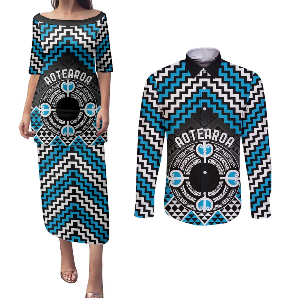 Personalised Aotearoa Niho Taniwha Motif Couples Matching Puletasi and Long Sleeve Button Shirt Blue Style