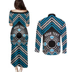 Personalised Aotearoa Niho Taniwha Motif Couples Matching Puletasi and Long Sleeve Button Shirt Blue Style