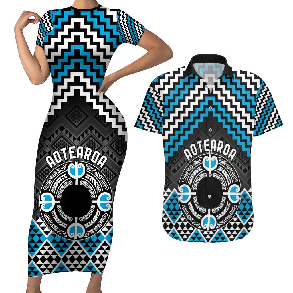 Personalised Aotearoa Niho Taniwha Motif Couples Matching Short Sleeve Bodycon Dress and Hawaiian Shirt Blue Style