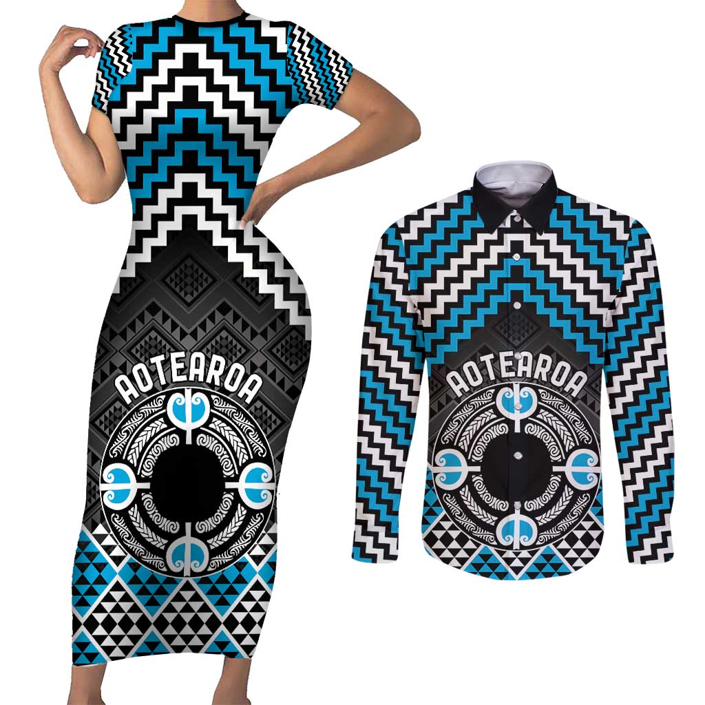 Personalised Aotearoa Niho Taniwha Motif Couples Matching Short Sleeve Bodycon Dress and Long Sleeve Button Shirt Blue Style