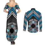 Personalised Aotearoa Niho Taniwha Motif Couples Matching Summer Maxi Dress and Long Sleeve Button Shirt Blue Style
