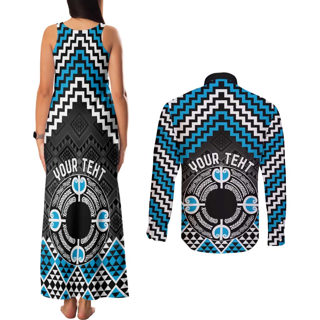 Personalised Aotearoa Niho Taniwha Motif Couples Matching Tank Maxi Dress and Long Sleeve Button Shirt Blue Style