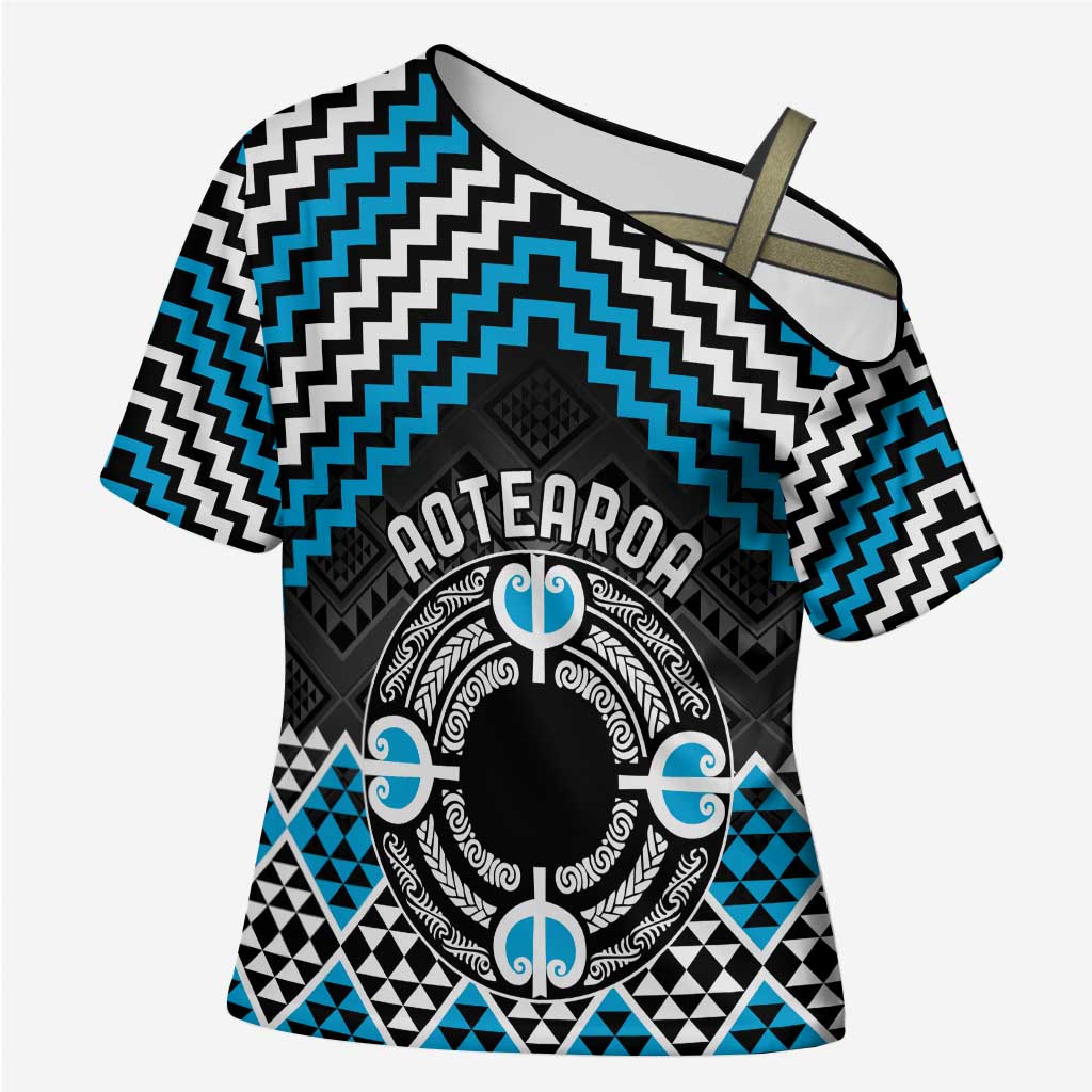 Personalised Aotearoa Niho Taniwha Motif Cross Shoulder Shirt Blue Style - Aussie Hoodie