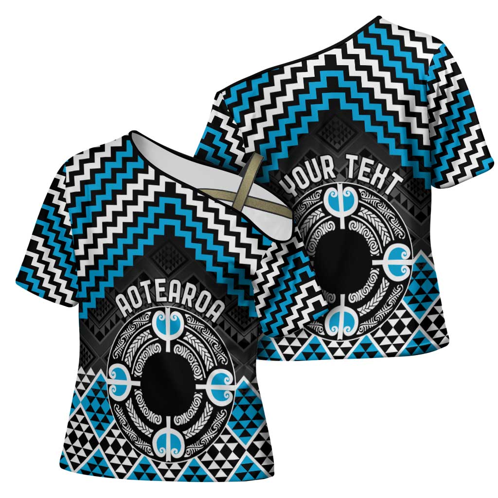 Personalised Aotearoa Niho Taniwha Motif Cross Shoulder Shirt Blue Style - Aussie Hoodie