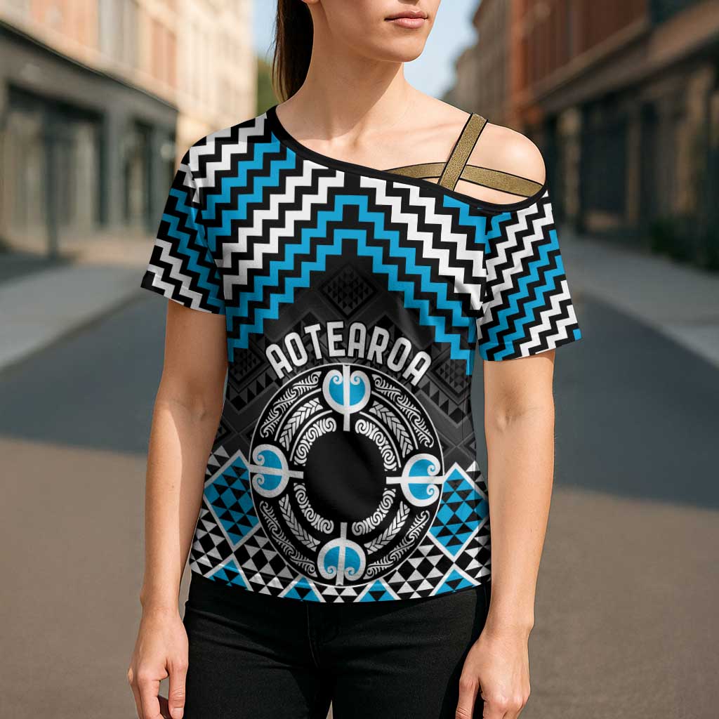 Personalised Aotearoa Niho Taniwha Motif Cross Shoulder Shirt Blue Style - Aussie Hoodie