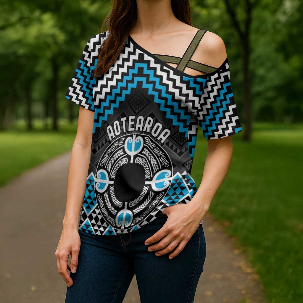 Personalised Aotearoa Niho Taniwha Motif Cross Shoulder Shirt Blue Style - Aussie Hoodie