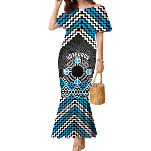 Personalised Aotearoa Niho Taniwha Motif Family Matching Mermaid Dress and Hawaiian Shirt Blue Style