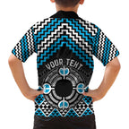 Personalised Aotearoa Niho Taniwha Motif Family Matching Off The Shoulder Long Sleeve Dress and Hawaiian Shirt Blue Style