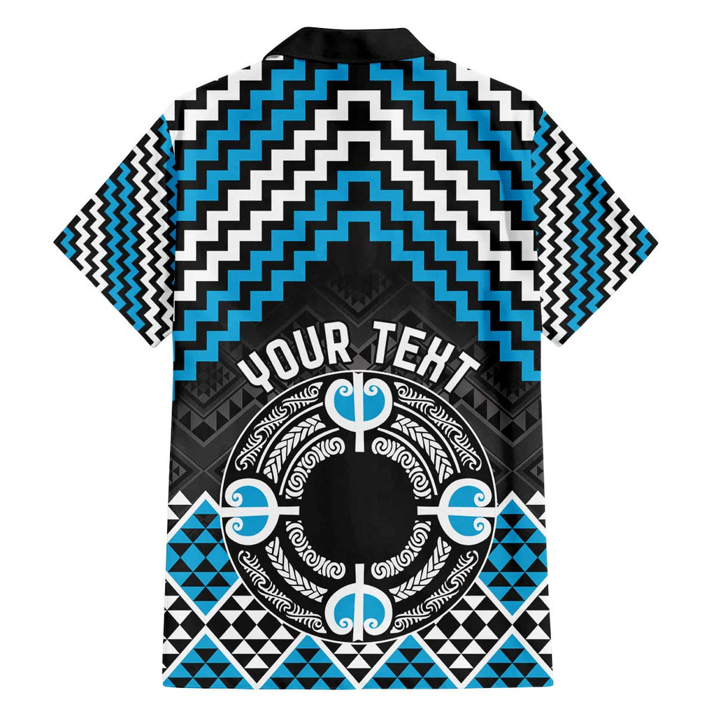 Personalised Aotearoa Niho Taniwha Motif Family Matching Off The Shoulder Long Sleeve Dress and Hawaiian Shirt Blue Style