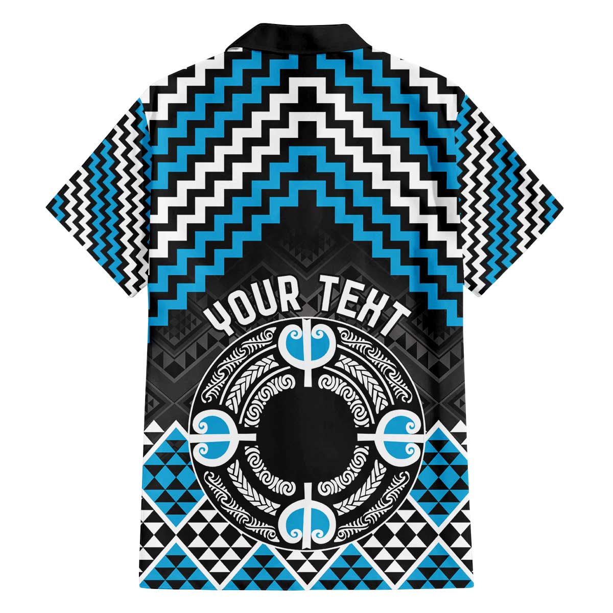 Personalised Aotearoa Niho Taniwha Motif Family Matching Off The Shoulder Long Sleeve Dress and Hawaiian Shirt Blue Style