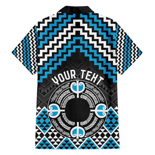 Personalised Aotearoa Niho Taniwha Motif Family Matching Off The Shoulder Long Sleeve Dress and Hawaiian Shirt Blue Style