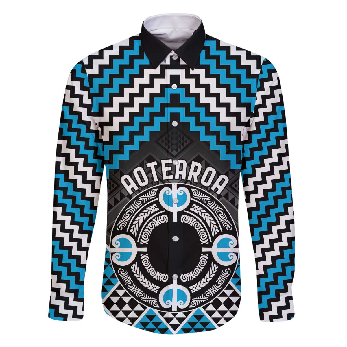 Personalised Aotearoa Niho Taniwha Motif Family Matching Off The Shoulder Long Sleeve Dress and Hawaiian Shirt Blue Style