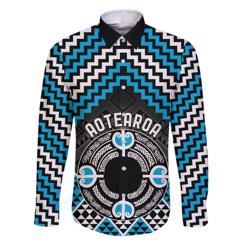 Personalised Aotearoa Niho Taniwha Motif Family Matching Off The Shoulder Long Sleeve Dress and Hawaiian Shirt Blue Style
