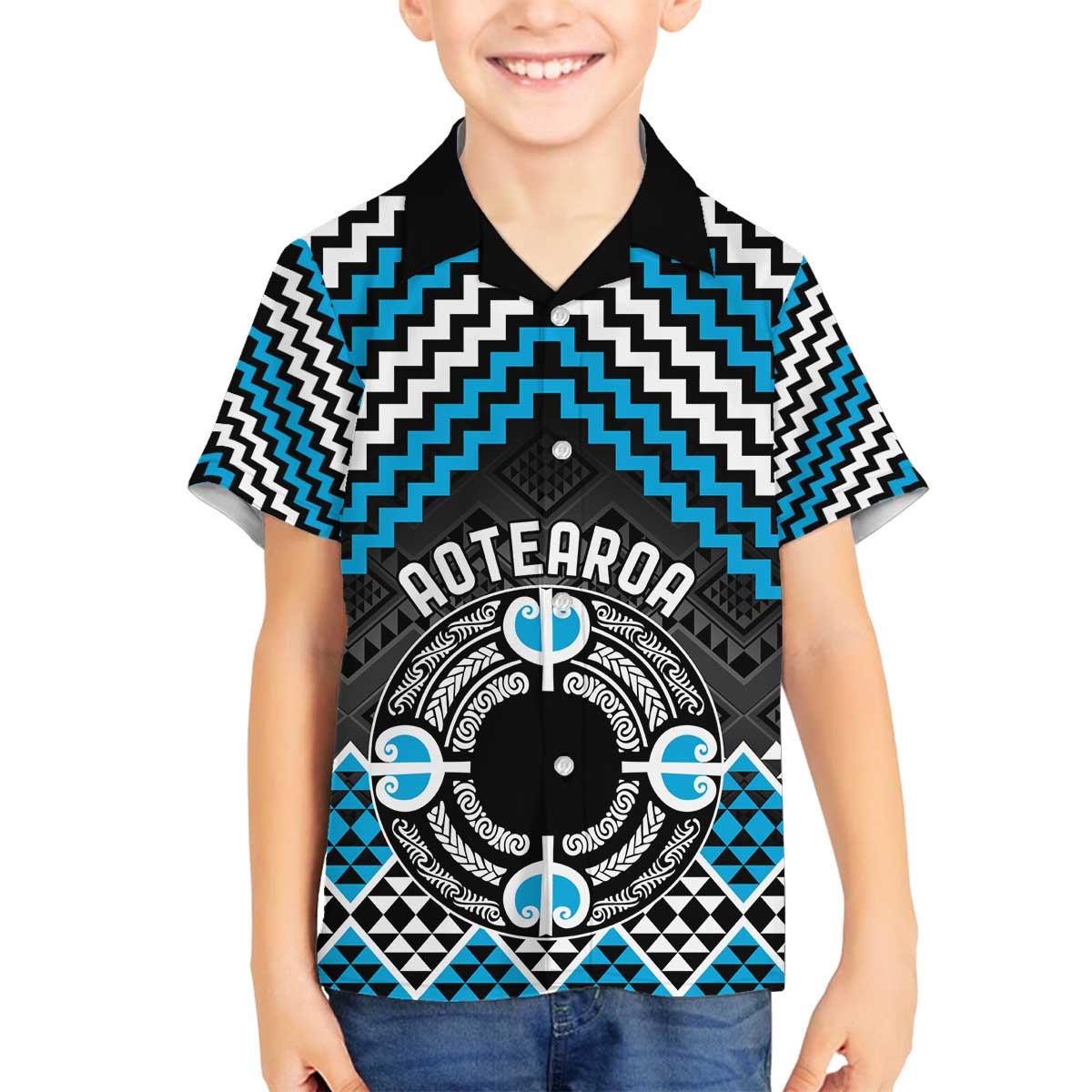 Personalised Aotearoa Niho Taniwha Motif Family Matching Off The Shoulder Long Sleeve Dress and Hawaiian Shirt Blue Style
