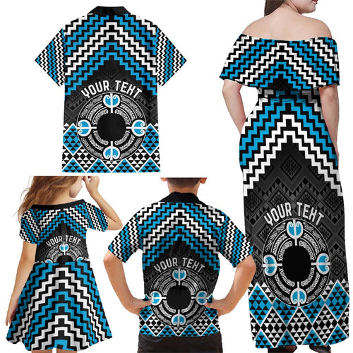 Personalised Aotearoa Niho Taniwha Motif Family Matching Off Shoulder Maxi Dress and Hawaiian Shirt Blue Style