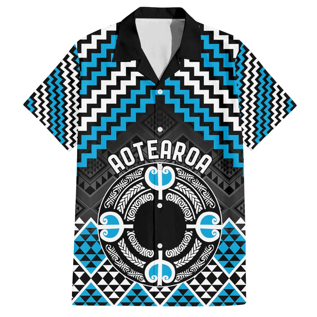 Personalised Aotearoa Niho Taniwha Motif Family Matching Off Shoulder Maxi Dress and Hawaiian Shirt Blue Style