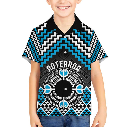 Personalised Aotearoa Niho Taniwha Motif Family Matching Off Shoulder Maxi Dress and Hawaiian Shirt Blue Style