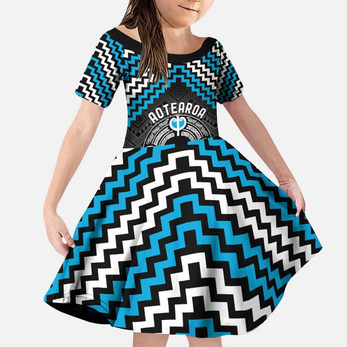 Personalised Aotearoa Niho Taniwha Motif Family Matching Puletasi and Hawaiian Shirt Blue Style
