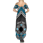 Personalised Aotearoa Niho Taniwha Motif Family Matching Summer Maxi Dress and Hawaiian Shirt Blue Style