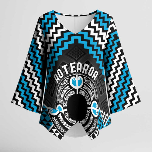 Personalised Aotearoa Niho Taniwha Motif Kimono Sleeve Blouse Blue Style - Aussie Hoodie