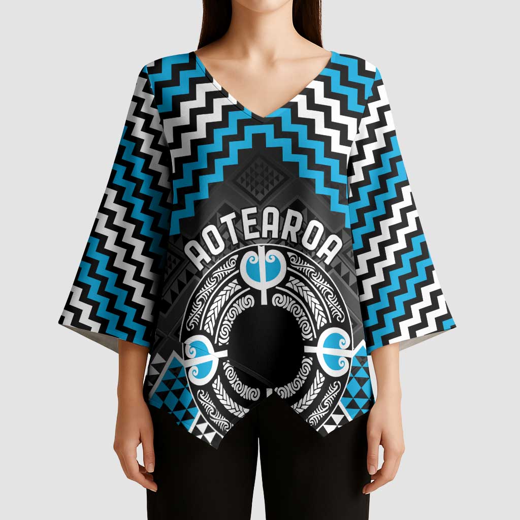 Personalised Aotearoa Niho Taniwha Motif Kimono Sleeve Blouse Blue Style - Aussie Hoodie