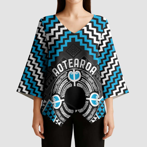Personalised Aotearoa Niho Taniwha Motif Kimono Sleeve Blouse Blue Style - Aussie Hoodie