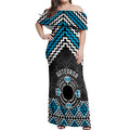 Personalised Aotearoa Niho Taniwha Motif Off Shoulder Maxi Dress Blue Style