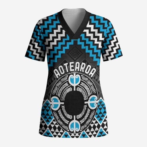 Personalised Aotearoa Niho Taniwha Motif Scrub Top Blue Style - Aussie Hoodie