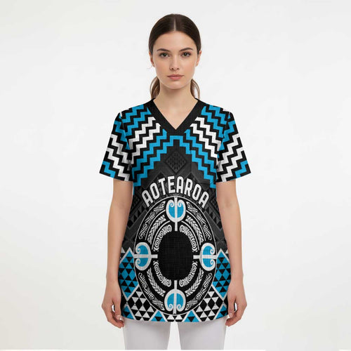 Personalised Aotearoa Niho Taniwha Motif Scrub Top Blue Style - Aussie Hoodie
