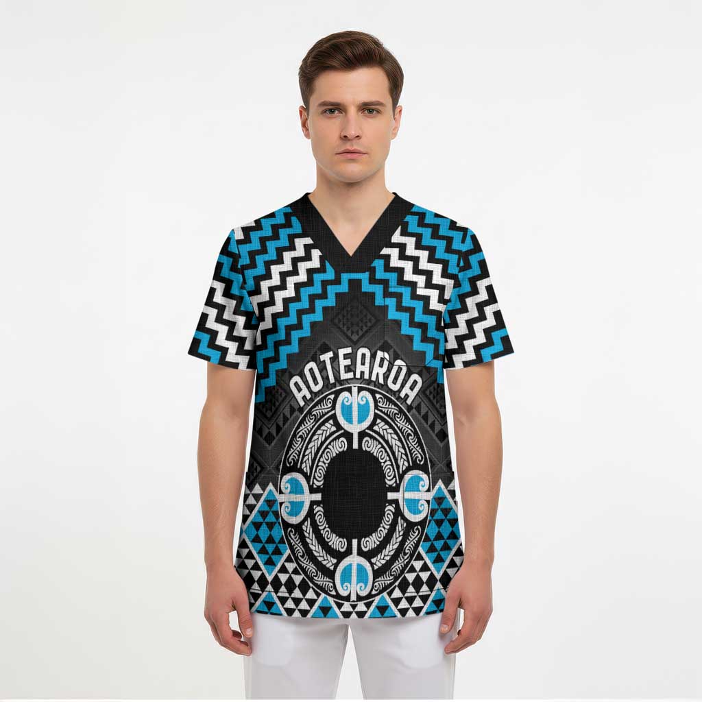 Personalised Aotearoa Niho Taniwha Motif Scrub Top Blue Style - Aussie Hoodie