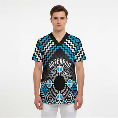 Personalised Aotearoa Niho Taniwha Motif Scrub Top Blue Style - Aussie Hoodie