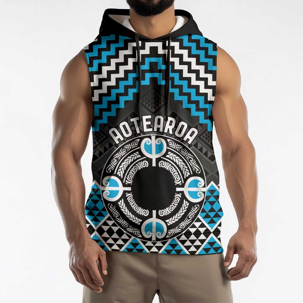 Personalised Aotearoa Niho Taniwha Motif Sleeveless Hoodie Blue Style - Aussie Hoodie