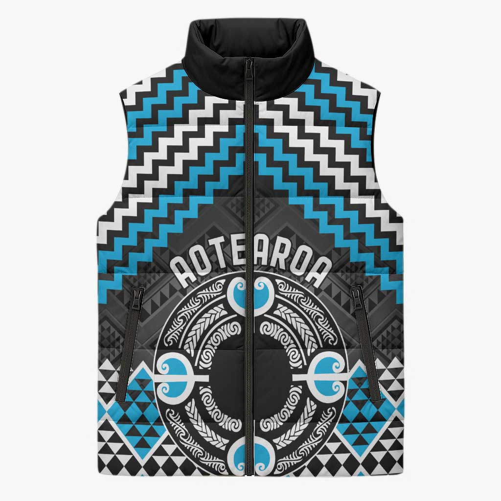 Personalised Aotearoa Niho Taniwha Motif Sleeveless Puffer Jacket Blue Style - Aussie Hoodie