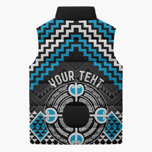 Personalised Aotearoa Niho Taniwha Motif Sleeveless Puffer Jacket Blue Style - Aussie Hoodie