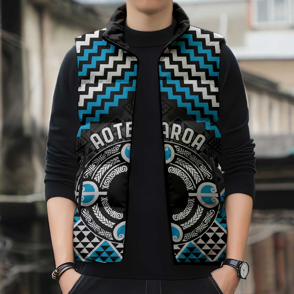 Personalised Aotearoa Niho Taniwha Motif Sleeveless Puffer Jacket Blue Style - Aussie Hoodie