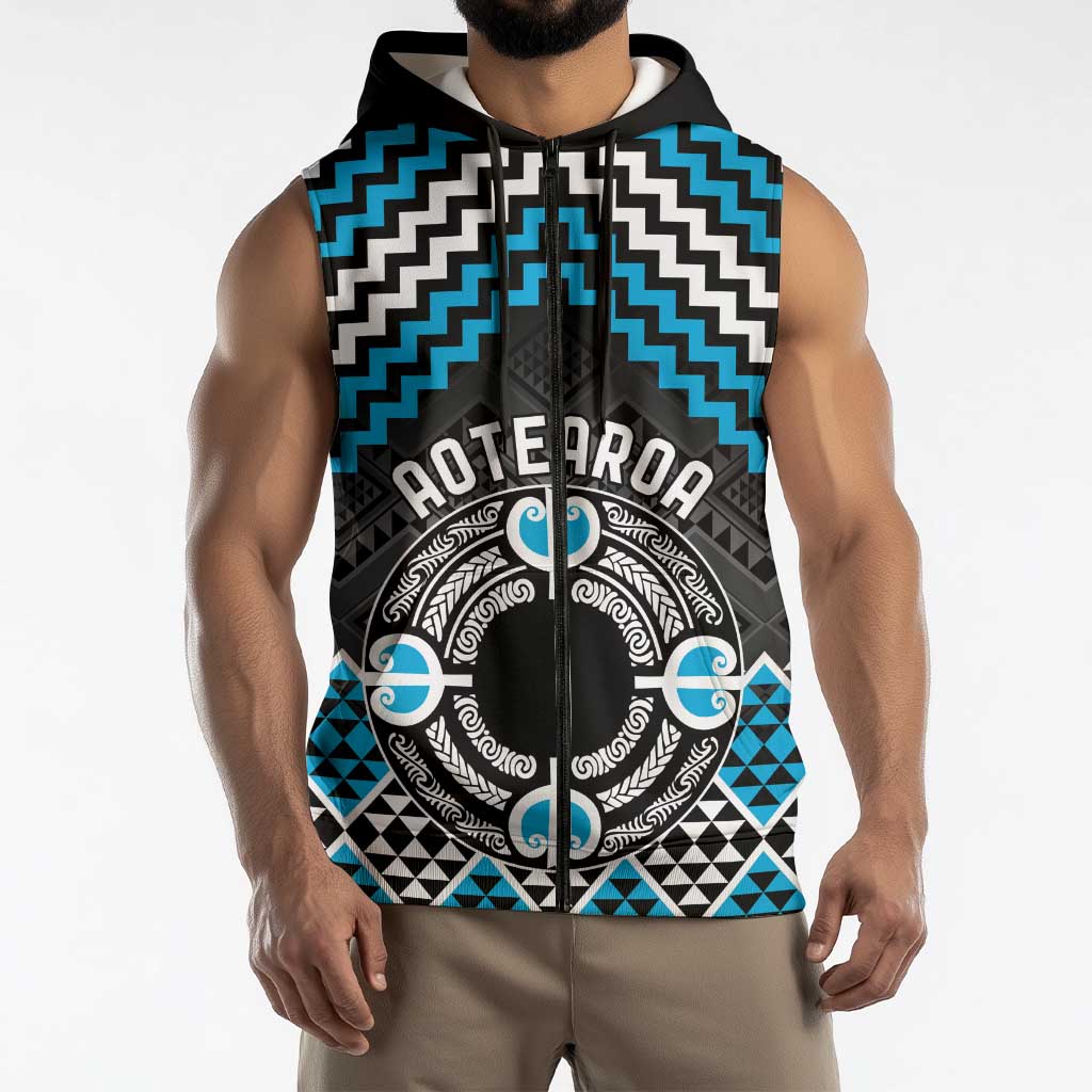 Personalised Aotearoa Niho Taniwha Motif Sleeveless Zip Hoodie Blue Style LT9