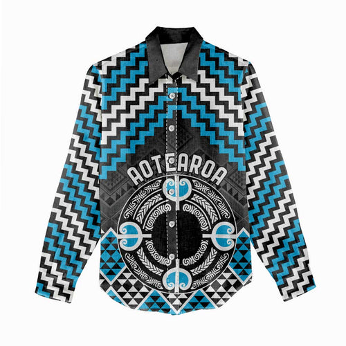 Personalised Aotearoa Niho Taniwha Motif Women Casual Shirt Blue Style