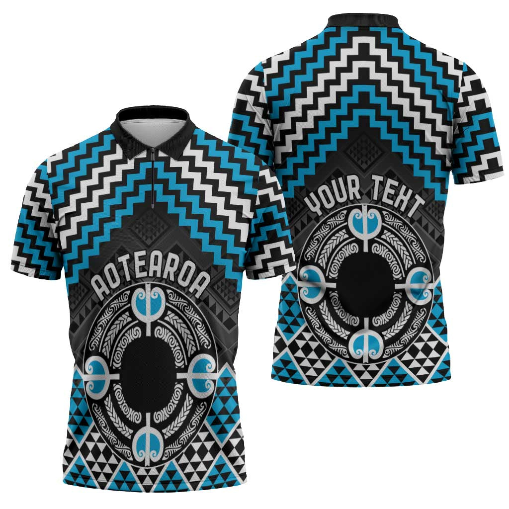 Personalised Aotearoa Niho Taniwha Motif Zipper Polo Shirt Blue Style - Aussie Hoodie