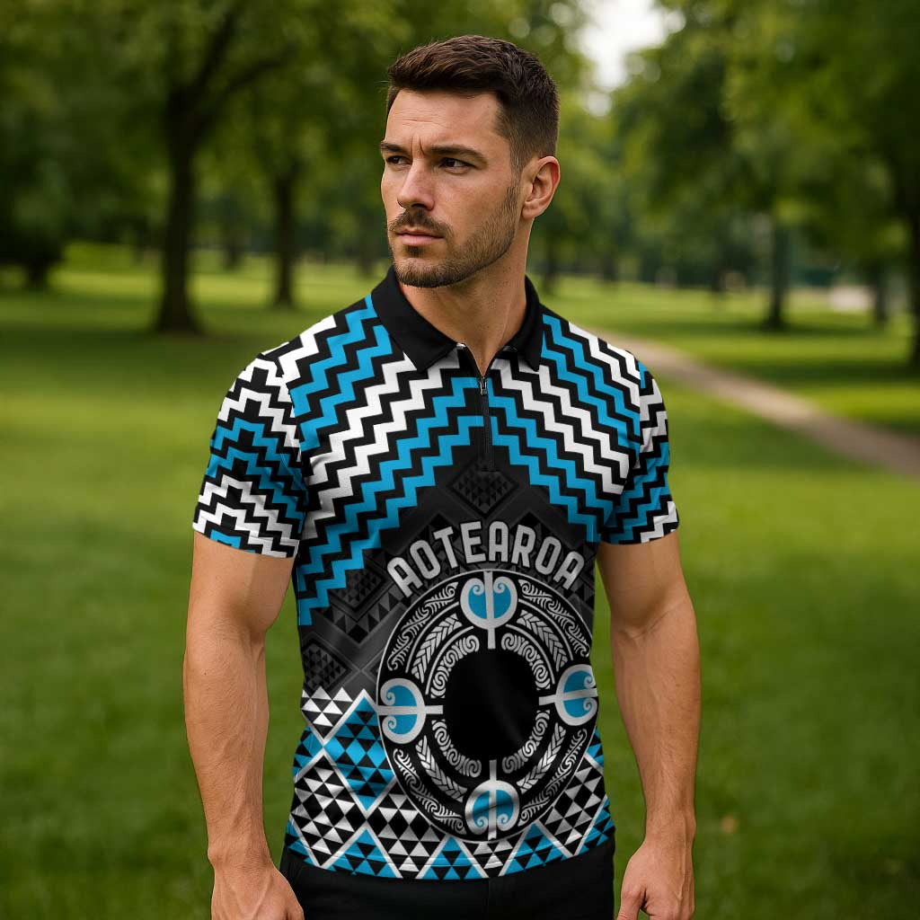 Personalised Aotearoa Niho Taniwha Motif Zipper Polo Shirt Blue Style - Aussie Hoodie