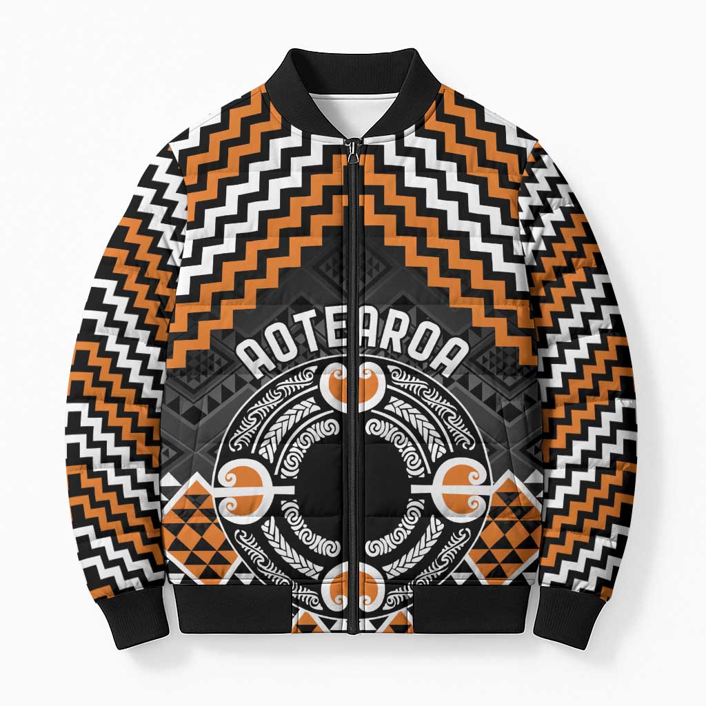 Personalised Aotearoa Niho Taniwha Motif Bomber Puffer Jacket Gold Style - Aussie Hoodie
