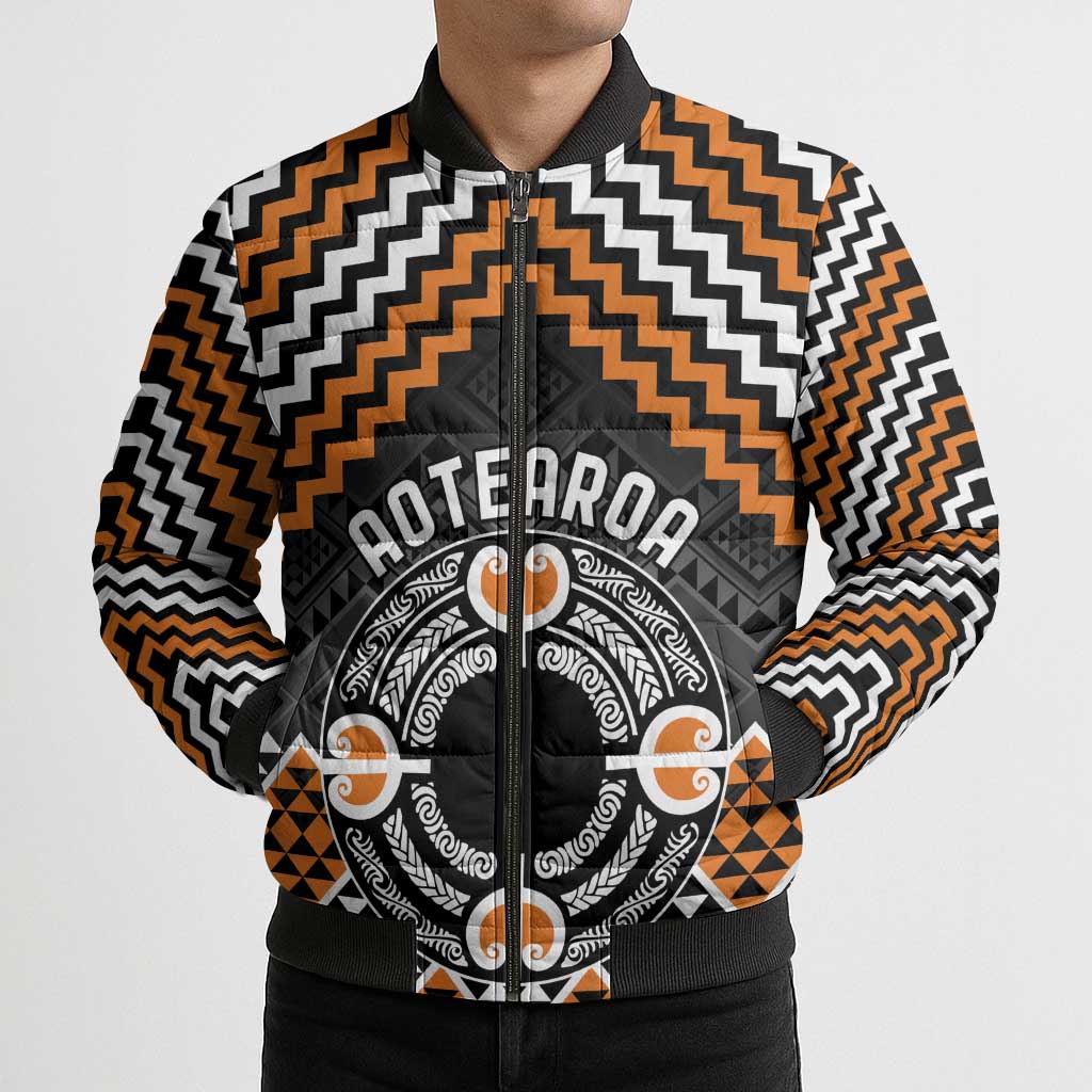 Personalised Aotearoa Niho Taniwha Motif Bomber Puffer Jacket Gold Style - Aussie Hoodie