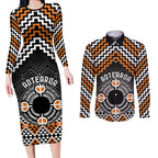 Personalised Aotearoa Niho Taniwha Motif Couples Matching Long Sleeve Bodycon Dress and Long Sleeve Button Shirt Gold Style