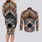 Personalised Aotearoa Niho Taniwha Motif Couples Matching Long Sleeve Bodycon Dress and Long Sleeve Button Shirt Gold Style