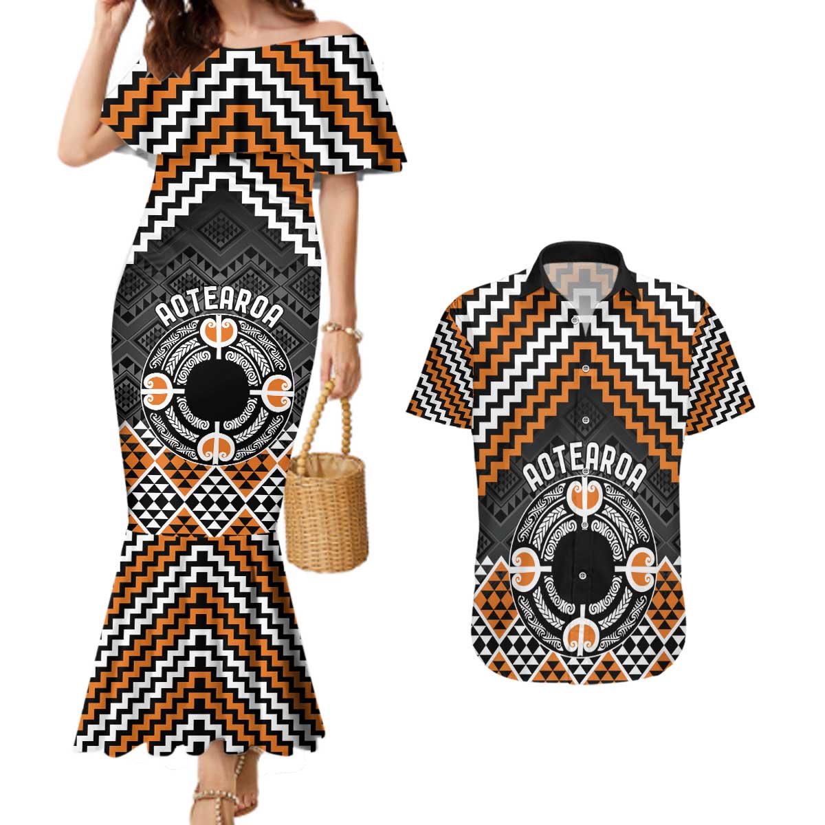 Personalised Aotearoa Niho Taniwha Motif Couples Matching Mermaid Dress and Hawaiian Shirt Gold Style