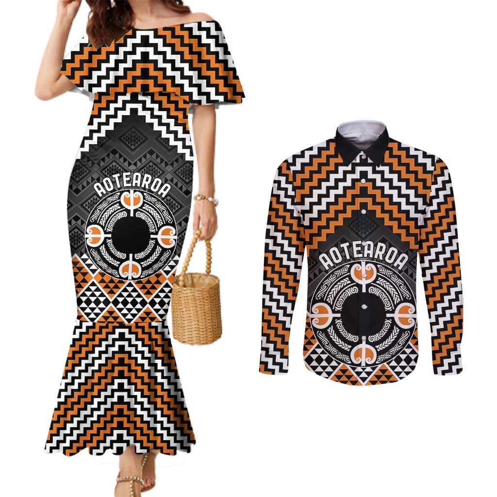 Personalised Aotearoa Niho Taniwha Motif Couples Matching Mermaid Dress and Long Sleeve Button Shirt Gold Style
