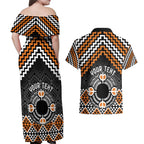 Personalised Aotearoa Niho Taniwha Motif Couples Matching Off Shoulder Maxi Dress and Hawaiian Shirt Gold Style