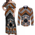 Personalised Aotearoa Niho Taniwha Motif Couples Matching Off Shoulder Maxi Dress and Long Sleeve Button Shirt Gold Style